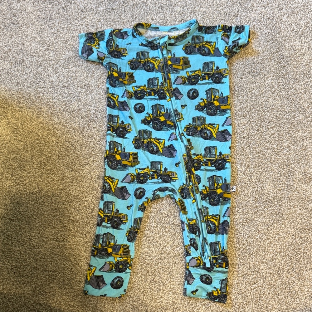 Light Blue Construction-Print Baby Footie Romper